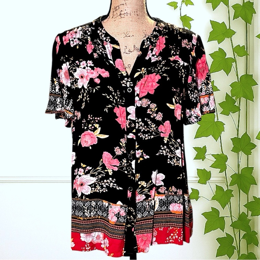 Knox Rose Floral Black Pink Buttoned Blouse Size L